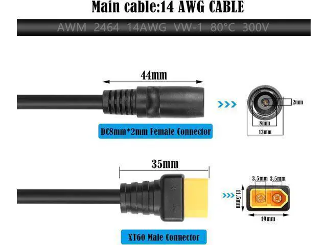 Alt view image 4 of 6 - 2 PCS DC8020 to XT60 Power Cable 14AWG DC8mmx2.0mm Female to XT60 Male Power Cord for Solar Panel, Portable Charging Station,etc(59Inch)