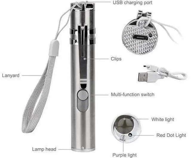 Alt view image 5 of 5 - 3 in1 LED Mini Flashlight 500LM Aluminium Alloy USB Rechargeable LED Red Laser & UV Torch & Penlight Multifunction Torch Lamp