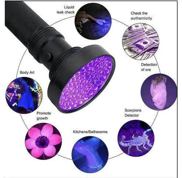 Alt view image 4 of 5 - 100 LED UV Flashlight Super Bright 10W 395nm Ultraviolet Lantern 6*AA UV Torch Light For Money Bed Bugs Scorpion Detect