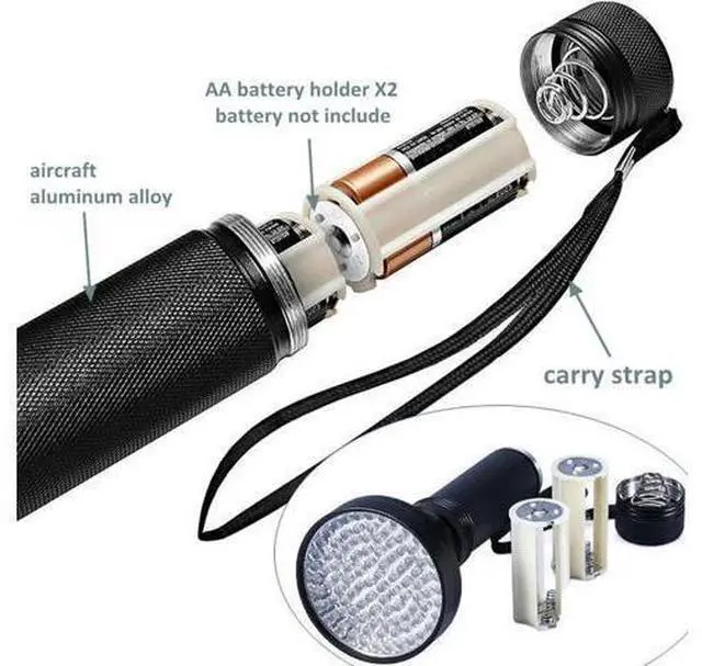 Alt view image 5 of 5 - 100 LED UV Flashlight Super Bright 10W 395nm Ultraviolet Lantern 6*AA UV Torch Light For Money Bed Bugs Scorpion Detect