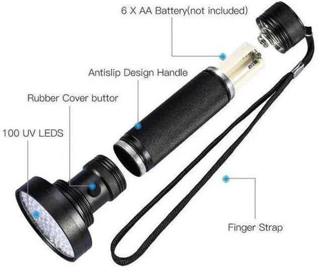 Alt view image 3 of 5 - 100 LED UV Flashlight Super Bright 10W 395nm Ultraviolet Lantern 6*AA UV Torch Light For Money Bed Bugs Scorpion Detect