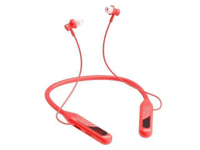 Alt view image 3 of 5 - Wireless Bluetooth headphones, featuring a sporty neck strap design, have a large battery capacity, are equipped with a digital display, and have noise reduction function. Pink