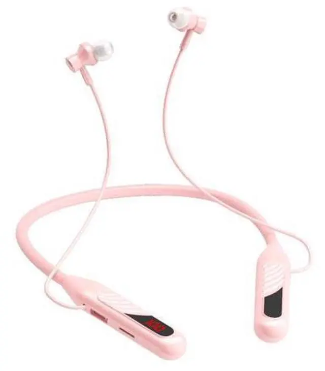 Alt view image 2 of 5 - Wireless Bluetooth headphones, featuring a sporty neck strap design, have a large battery capacity, are equipped with a digital display, and have noise reduction function. Pink