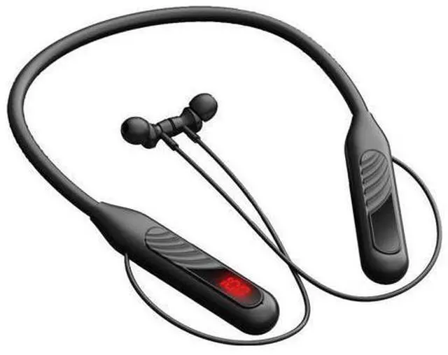 Alt view image 5 of 5 - Wireless Bluetooth headphones, featuring a sporty neck strap design, have a large battery capacity, are equipped with a digital display, and have noise reduction function. Pink