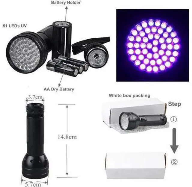 Alt view image 2 of 4 - 51 LED UV Flashlight 395NM 3-AA Battery Scorpion Ultraviolet Light Torch Blacklight for Pet Urine Detector