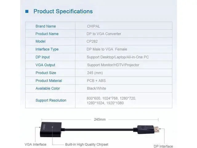 Alt view image 4 of 5 - Display Port DP to VGA Adapter Cable Male to Female Converter for PC Computer Laptop HDTV Monitor Projector
