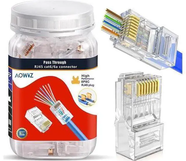 Alt view image 2 of 4 - RJ45 Cat6 Cat6a Connector Pass Through 23AWG 100-PACK Gold Plated 8P8C Ethernet Ends for Unshielded Twisted Pair Solid Wire & Standard Cables