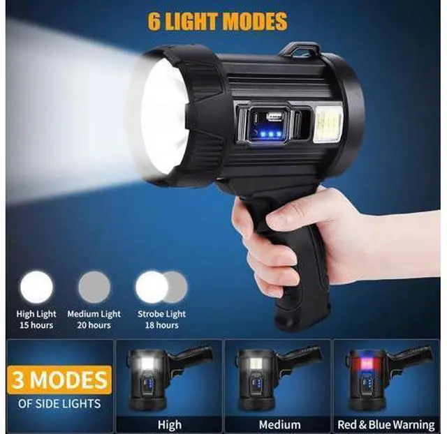 Alt view image 5 of 7 - Rechargeable Spotlight, 1000000 Lumens Bright LED Spotlight Flashlight, Long Running Spot Light Searchlight, Outdoor Handheld Spotlights with Solar Panels for Hunting,Camping,Boat,6 Spotlight Modes
