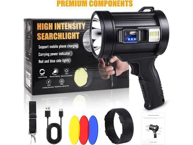 Alt view image 7 of 7 - Rechargeable Spotlight, 1000000 Lumens Bright LED Spotlight Flashlight, Long Running Spot Light Searchlight, Outdoor Handheld Spotlights with Solar Panels for Hunting,Camping,Boat,6 Spotlight Modes
