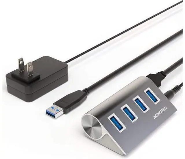 Main image of 4 Ports Computer USB Hub & Data Transfer Powered USB 3.0 Hub - Premium Quality Extra USB Ports - Aluminium Alloy External USB Port for Computer, Mac, PCs - High-Speed Powered USB Hub (Silver)