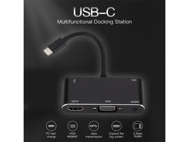 Alt view image 3 of 5 - 5 in 1 USB Type-C HUB Converter Portable Laptop Notebook PC 4K HDMI VGA 3.5mm Audio USB3.0 PD Adapter