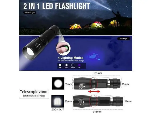 Alt view image 5 of 5 - Portable UV LED Flashlight 2 in 1 Purple White Light Flashlight Black Light Ultraviolet Torch Ultraviolet Room Urine Detector