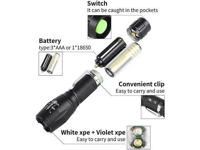 Alt view image 4 of 5 - Portable UV LED Flashlight 2 in 1 Purple White Light Flashlight Black Light Ultraviolet Torch Ultraviolet Room Urine Detector