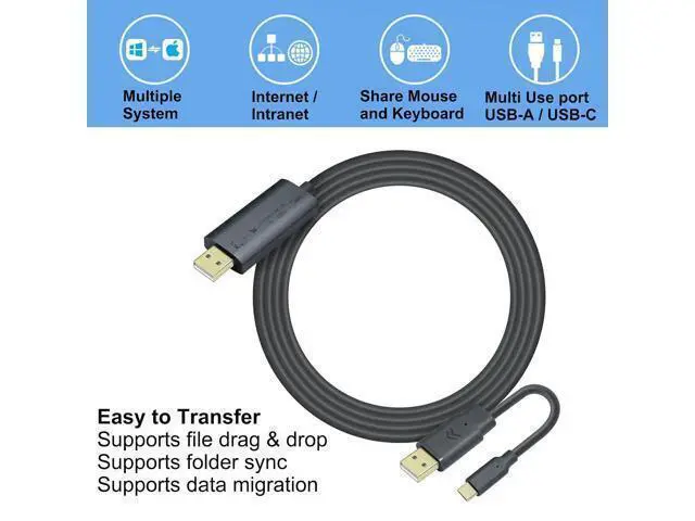 Alt view image 3 of 7 - DTech Computer to Computer USB Cable 6ft PC to PC Data Transfer Cord USB-C USB-A Windows 11 10 8 7 Vista XP MAC for USB 2.0 High Speed Easy File Sync Software Included