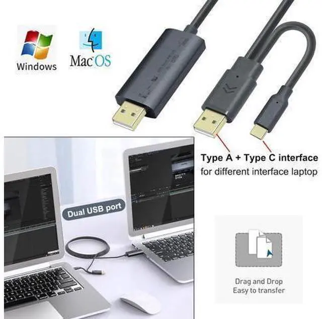 Alt view image 5 of 7 - DTech Computer to Computer USB Cable 6ft PC to PC Data Transfer Cord USB-C USB-A Windows 11 10 8 7 Vista XP MAC for USB 2.0 High Speed Easy File Sync Software Included