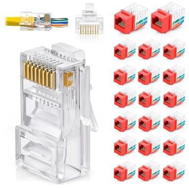 Main image of GTZ Bundle - 2 Items: RJ45 Cat6 Keystone Jacks, 20 Pack - Red + RJ45 Cat6 Pass Through Connectors, Pack of 50