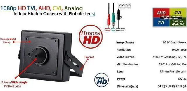 Alt view image 4 of 6 - Evertech 1080p HD 4in1 AHD TVI CVI, Analog Indoor Mini Hidden Camera with Wide Angle Pinhole Lens