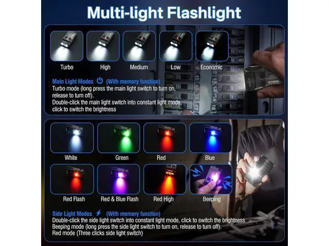 Alt view image 3 of 7 - BORUIT V20 LED Small Powerful EDC Flashlight with Clip,180°Head Swivels,1000LM USB C Rechargeable Mini Pocket Keychain Flash Light with Red COB Light-14 Mode,IP67,Magnetic,110DB Buzzer(Black)