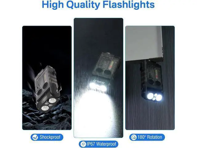 Alt view image 6 of 7 - BORUIT V20 LED Small Powerful EDC Flashlight with Clip,180°Head Swivels,1000LM USB C Rechargeable Mini Pocket Keychain Flash Light with Red COB Light-14 Mode,IP67,Magnetic,110DB Buzzer(Black)