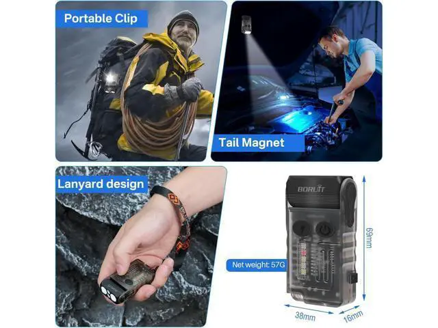 Alt view image 7 of 7 - BORUIT V20 LED Small Powerful EDC Flashlight with Clip,180°Head Swivels,1000LM USB C Rechargeable Mini Pocket Keychain Flash Light with Red COB Light-14 Mode,IP67,Magnetic,110DB Buzzer(Black)