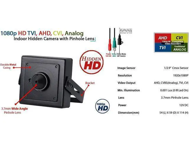 Alt view image 3 of 7 - Evertech 1080p HD 4in1 AHD TVI CVI, Analog Indoor Mini Hidden Camera with Wide Angle Pinhole Lens