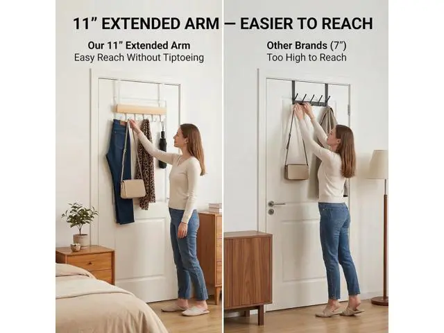 Alt view image 3 of 7 - Long Over the Door Hooks 11IN Extended Wide Over the Door Hook Rack 6 Door Hooks for Hanging Sturdy Natural Wood & Metal Door Hanger Door Towel Rack for Bathroom Bedroom Closet Entryway