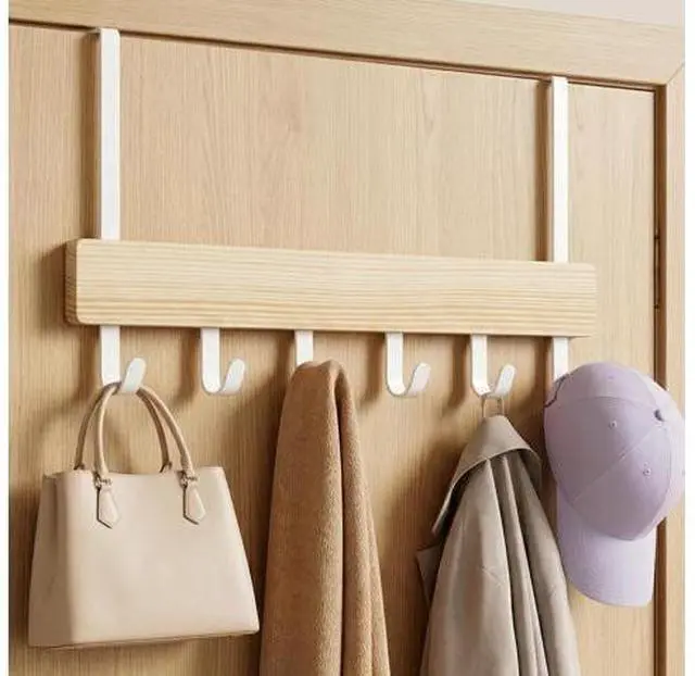 Main image of Long Over the Door Hooks 11IN Extended Wide Over the Door Hook Rack 6 Door Hooks for Hanging Sturdy Natural Wood & Metal Door Hanger Door Towel Rack for Bathroom Bedroom Closet Entryway