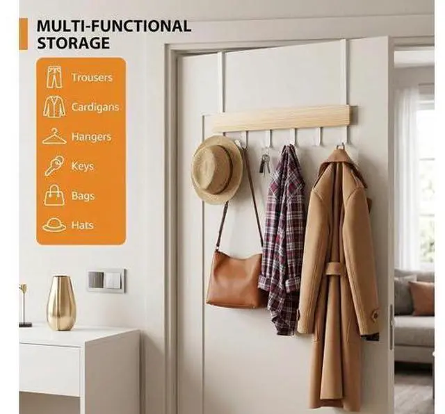 Alt view image 2 of 7 - Long Over the Door Hooks 11IN Extended Wide Over the Door Hook Rack 6 Door Hooks for Hanging Sturdy Natural Wood & Metal Door Hanger Door Towel Rack for Bathroom Bedroom Closet Entryway
