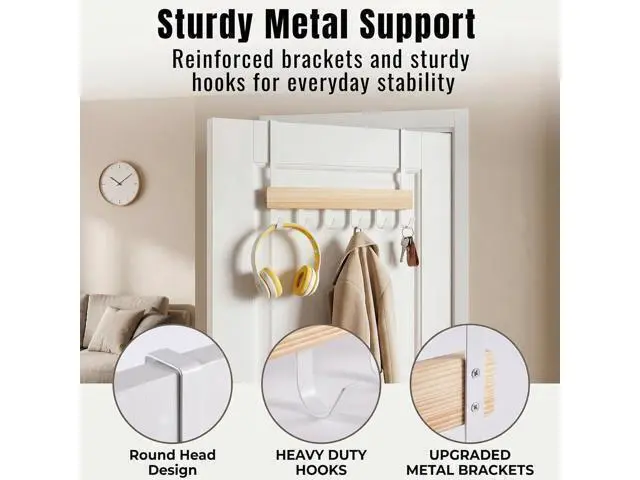 Alt view image 5 of 7 - Long Over the Door Hooks 11IN Extended Wide Over the Door Hook Rack 6 Door Hooks for Hanging Sturdy Natural Wood & Metal Door Hanger Door Towel Rack for Bathroom Bedroom Closet Entryway