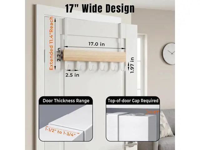 Alt view image 4 of 7 - Long Over the Door Hooks 11IN Extended Wide Over the Door Hook Rack 6 Door Hooks for Hanging Sturdy Natural Wood & Metal Door Hanger Door Towel Rack for Bathroom Bedroom Closet Entryway