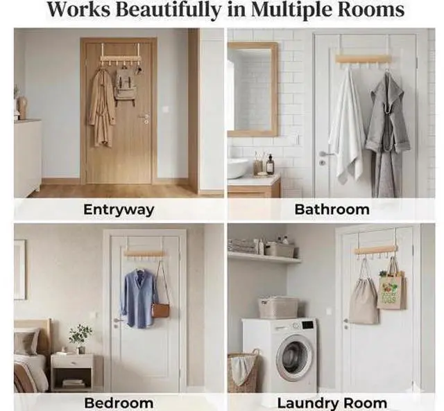 Alt view image 7 of 7 - Long Over the Door Hooks 11IN Extended Wide Over the Door Hook Rack 6 Door Hooks for Hanging Sturdy Natural Wood & Metal Door Hanger Door Towel Rack for Bathroom Bedroom Closet Entryway