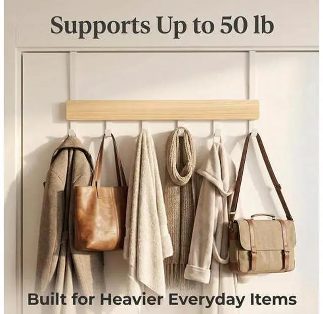 Alt view image 6 of 7 - Long Over the Door Hooks 11IN Extended Wide Over the Door Hook Rack 6 Door Hooks for Hanging Sturdy Natural Wood & Metal Door Hanger Door Towel Rack for Bathroom Bedroom Closet Entryway