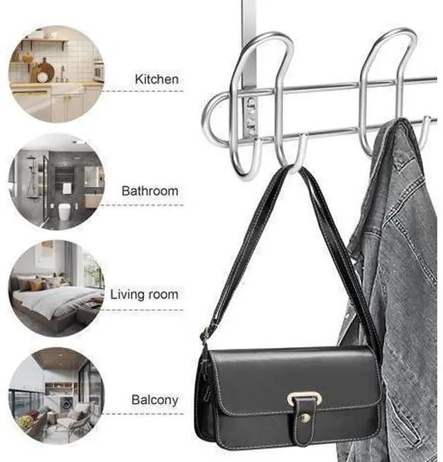 Alt view image 5 of 7 - Over The Door Hooks Behind Door Coat Hangers for Hanging Heavy Robes Towels Clothing etc. Aesthetic Design Over Door Coat Rack Coat Hooks Towel Hangers for Bathroom Silver