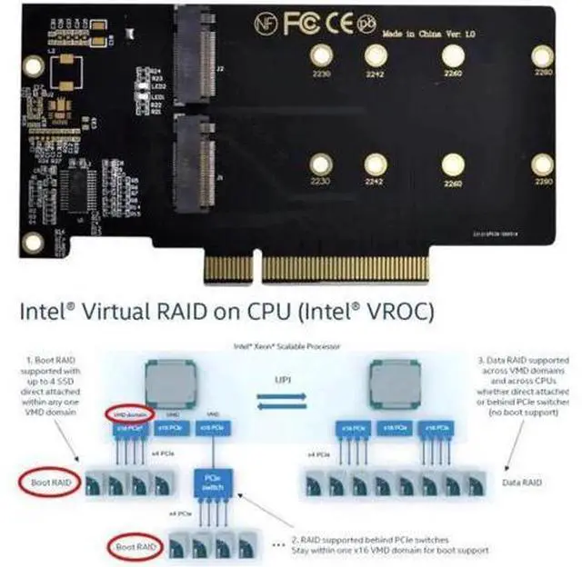 Alt view image 2 of 7 - Dual 2X NVME M.2 AHCI to PCIE Express 3.0 Gen3 X8 X16 Raid Card VROC Raid0 Hyper Adapter