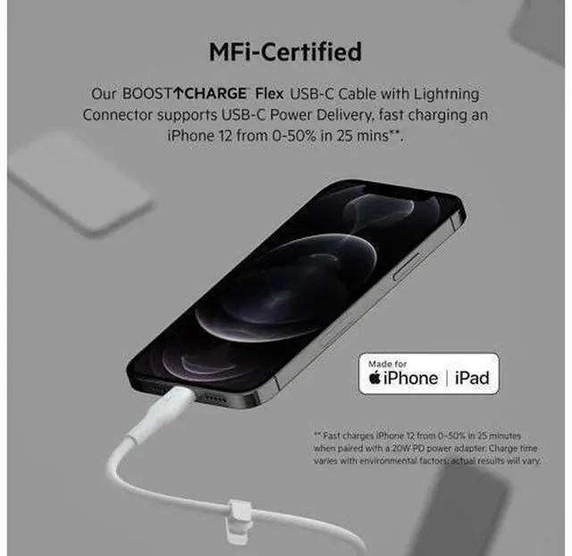 Alt view image 3 of 7 - BoostCharge Flex Silicone USB-C to Lightning Cable (1M/3.3FT) MFi-Certified Charging Cable for iPhone Series with Cable Clip - White