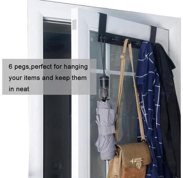 Alt view image 5 of 7 - Over The Door Hooks Over Door Towel Rack with 6 Peg Hooks for Hanging Door Coat Hanger Door Coat Rack for Behind Back of Bathroom Black