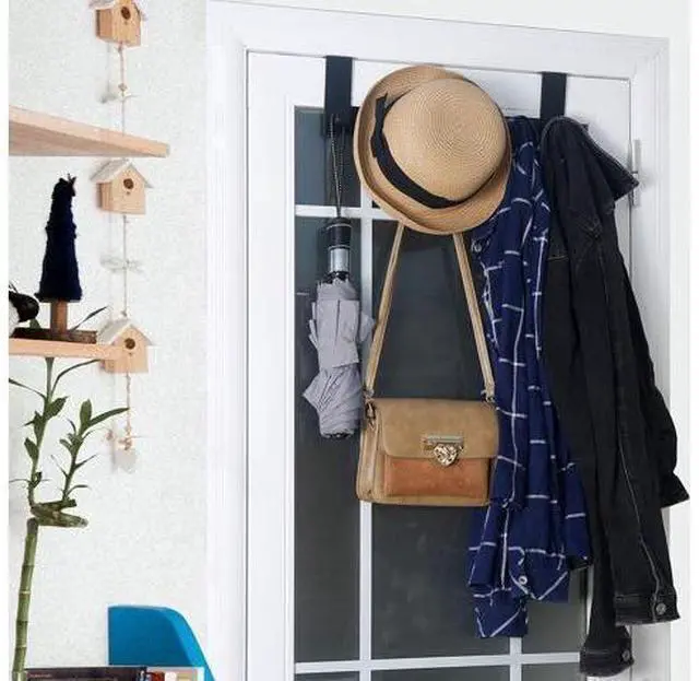 Alt view image 6 of 7 - Over The Door Hooks Over Door Towel Rack with 6 Peg Hooks for Hanging Door Coat Hanger Door Coat Rack for Behind Back of Bathroom Black