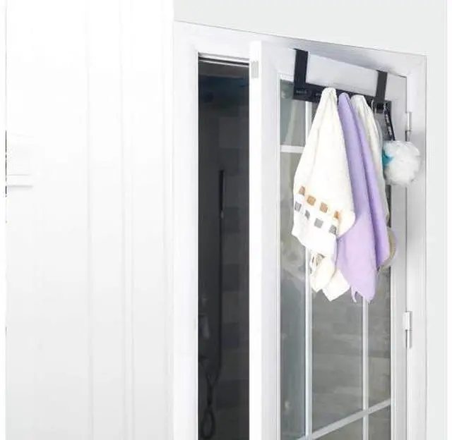 Alt view image 7 of 7 - Over The Door Hooks Over Door Towel Rack with 6 Peg Hooks for Hanging Door Coat Hanger Door Coat Rack for Behind Back of Bathroom Black