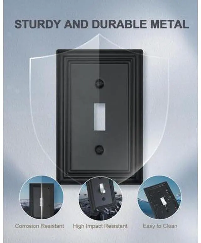 Alt view image 4 of 7 - Decorative Framed Design Switch Plates Outlet Covers Duable Metal Wall Plates (Black/1 Toggle 4 Pack)