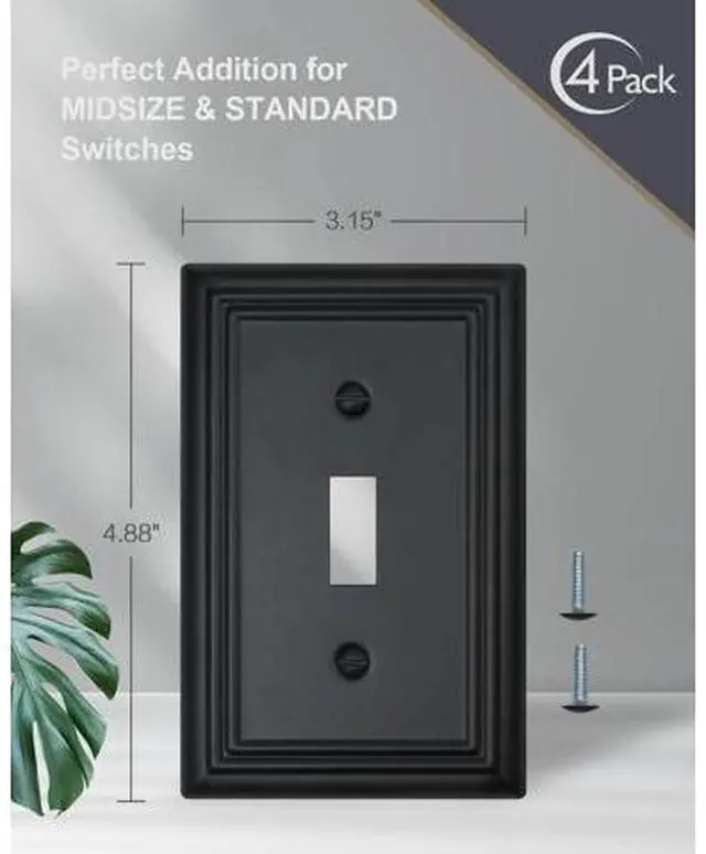 Alt view image 6 of 7 - Decorative Framed Design Switch Plates Outlet Covers Duable Metal Wall Plates (Black/1 Toggle 4 Pack)