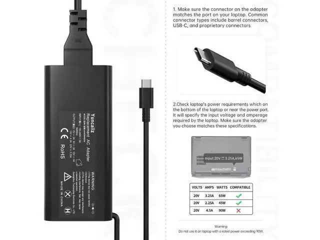 Alt view image 4 of 7 - 65W USB C Laptop Charger Compatible with Pro 13 14 16 Latitude 7370 7430 7520 Xps 12 13 9250 9310 Chromebook 3100 3110