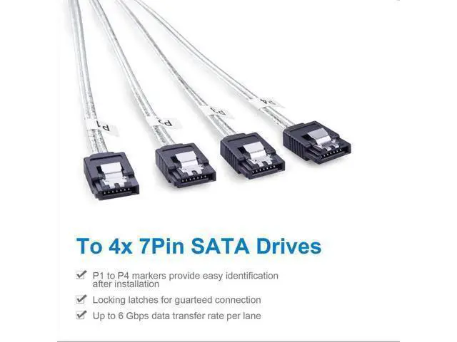 Alt view image 4 of 7 - MiniSAS SFF-8087 Fan-Out Cable Breakout to 4xSATA, 6Gbps High-Speed Cable for RAID Controllers, Servers & Storage Enclosures, with Latch, 0.75~0.8m(2.46~2.62ft)