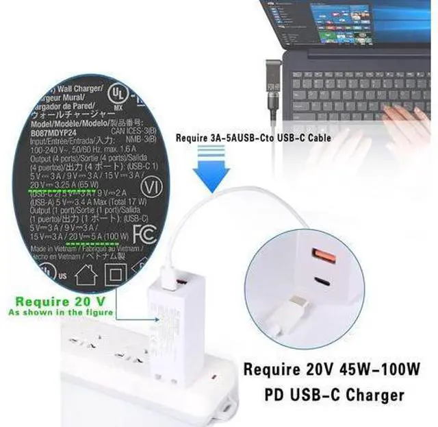Alt view image 3 of 7 - USB C to Slim Tip Laptop Charging Cable Adapter Male Type C to Square Converter 100W PD Power Supply Extension Cord Compatible with LEN-OVO Yoga Ideapad Legion T470s T470 T460s T450 T450s ThinkPad X1