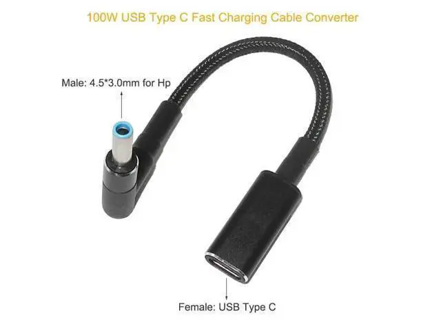 Alt view image 2 of 7 - USB C to Slim Laptop Charging Cable Adapter Female Type C to DC Converter 0.8ft 100W PD Power Charger Supply Cord for Stream 11 13 14 15 Pavilion Spectre Chromebook H-P (4.5 x 3.0mm for H-P)