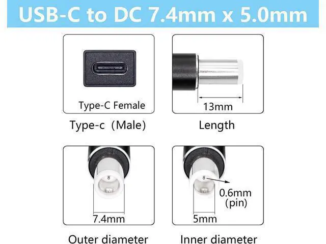 Alt view image 4 of 7 - USB Type-C to 7.4mm Laptop Charging Cable, 7.4 x 5.0mm (0.6mm Pin) Male, 65W or 100W Type-C Charger for D-ELL Notebook 09RN2C 6TM1C HA65NS5-00 A065R039L