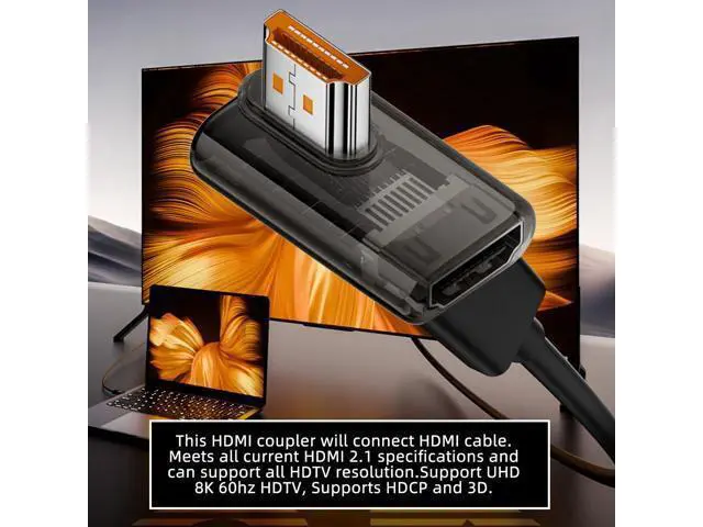 Alt view image 4 of 7 - Left Angled 90 Degree Low Profile HDMI Male to HDMI 2.1 Female UHD Extension Adapter Extender Transparent with Smart LED 8K 60hz HDTV