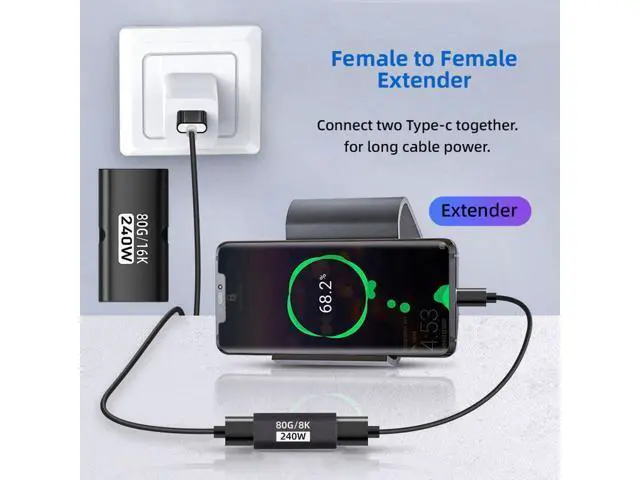Alt view image 7 of 7 - 5pcs/lot USB5.0 80Gbps Female to Female Extension Adapter with 240W 16K 8K 5K Compatible with USB4.0 Thunderbolt3/4/5