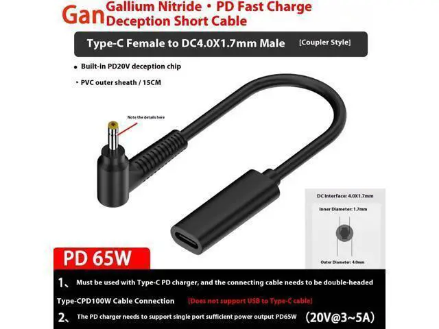 Alt view image 3 of 6 - 100W PD Power Charger Tip USB C to Slim Laptop Charging Cable Adapter Converter for D-ELL Laptop 18-20V (Dedicated for D-ELL (for 45W/65W/90W Power), 4.0mm Small Head)