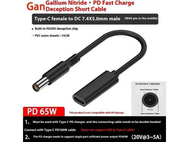 Alt view image 2 of 7 - 100W PD Power Charger Tip USB C to Slim Laptop Charging Cable Adapter Converter for D-ELL Laptop 18-20V (Dedicated for D-ELL (for 45W/65W/90W Power), 7.4mm Large Head)