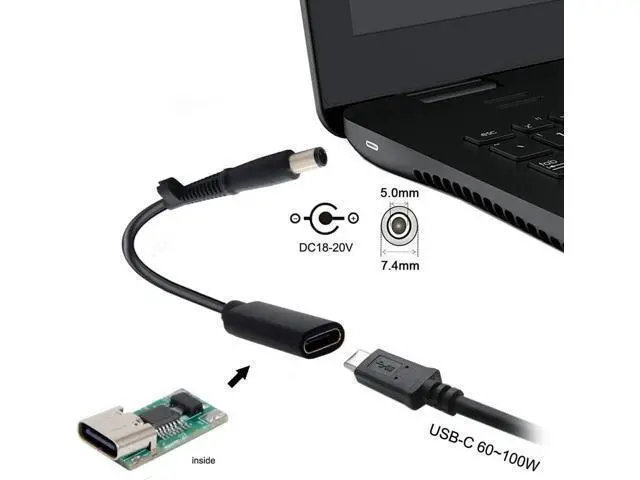 Alt view image 6 of 7 - 100W PD Power Charger Tip USB C to Slim Laptop Charging Cable Adapter Converter for D-ELL Laptop 18-20V (Dedicated for D-ELL (for 45W/65W/90W Power), 7.4mm Large Head)
